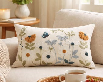 Floral Butterfly Embroidered Pillow Cover, Neutral Botanical Cushion Case, Boho Cottagecore Throw Pillow, Beige Flower Decor,