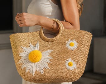 Hand Embroidered Straw Tote Bag, Lemon Floral Woven Beach Market Basket Purse