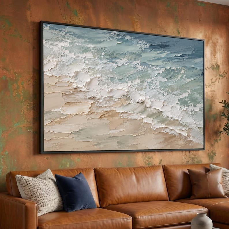 Textured Ocean Waves Canvas, Impasto Seascape Wall Art, Coastal Beach Painting, Abstract Marine Artwork, Home Decor Canvas image 4