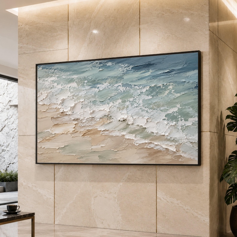 Textured Ocean Waves Canvas, Impasto Seascape Wall Art, Coastal Beach Painting, Abstract Marine Artwork, Home Decor Canvas image 1