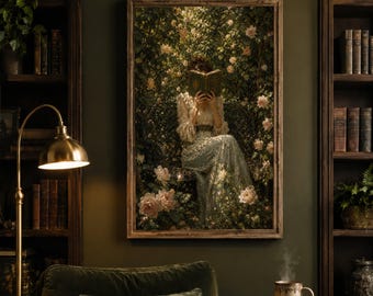 Vintage Woman Reading Book Canvas, Romantic Floral Garden Art, Victorian Dress Wall Decor, Literary Home Decoration, Timeless Canvas Print