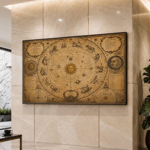 May include: A framed vintage-style astrological chart with a black border. The chart features a central sun illustration surrounded by zodiac symbols, planets, and text. The color palette is primarily beige and brown.