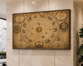May include: A framed vintage-style astrological chart with a black border. The chart features a central sun illustration surrounded by zodiac symbols, planets, and text. The color palette is primarily beige and brown.