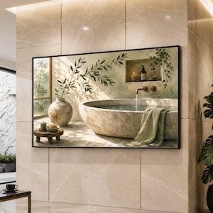 Puede incluir: Un cuadro rectangular que muestra una bañera de piedra llena de agua, un grifo, una toalla verde, un jarrón de cerámica grande con una rama de olivo, un taburete de madera pequeño con una vela y un nicho en la pared con una botella y vela.