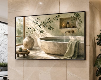 Tranquil Stone Bathtub Canvas, Spa Bathroom Wall Art, Rustic Home Decor, Zen Relaxation Canvas, Nature Inspired Canvas Art