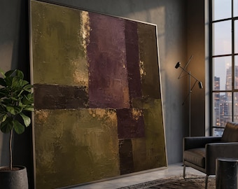 Rustic Abstract Texture Canvas, Earth Tone Wall Art, Modern Vintage Decoration, Brown and Olive Green Canvas, Textured Geometric Design