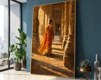 Woman in Traditional Sari Walking Through Ancient Temple, Indian Cultural Canvas Wall Art, Ethnic Home Decor, Spiritual Architecture