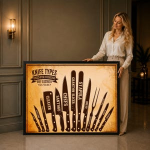 Vintage Kitchen Knives Guide Canvas Wall Art, Knife Types Illustration, Cooking Tools Chart, Rustic Culinary Decor, Chef Essentials Canvas