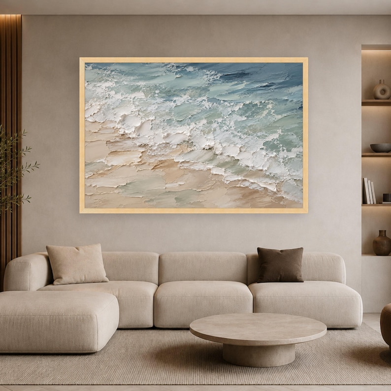 Textured Ocean Waves Canvas, Impasto Seascape Wall Art, Coastal Beach Painting, Abstract Marine Artwork, Home Decor Canvas image 2
