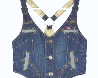 Y2K RARE Dickies Denim Tank Top Vest Women Med Blue Crop Utility Sexy Vintage