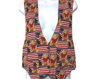 90s Vest USA Teddy Bear Patriotic Womens Med Cottage American Flag Butter Mom Vintage