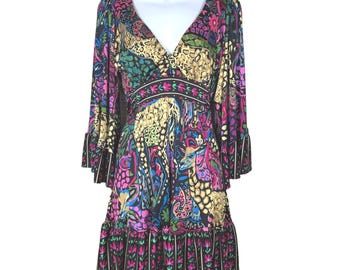 Y2K Betsey Johnson Bambi Dress Bell Sleeve Psychedelic Animal Maximalist Womens 2