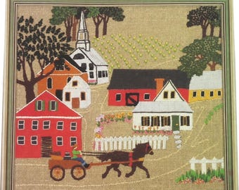 Vintage Crewel Embroidery Kit Elsa Williams Large Townscape Americana Colonial