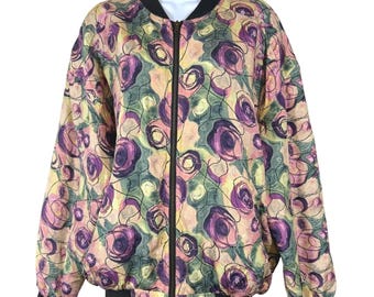 80s Floral Bomber Jacket Women LG Purple Pink Garden maximalist abstract Vintage