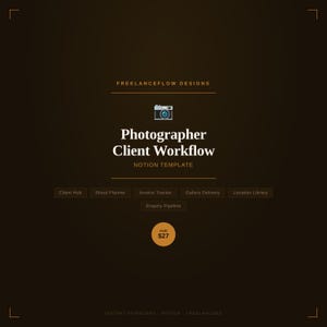 以下が含まれることがあります： 「Photographer Client Workflow」のテキストとカメラのアイコンが入った濃い茶色のグラフィック。グラフィックには「Freelanceflow Designs」のテキストと27 AUDの価格も含まれています。