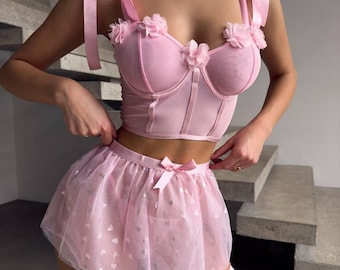 Pink Lace Lingerie Set - Sheer Bra - Floral Lingerie with Skirt - Stockings Included - Women's Romantic Lingerie - Cute Lace Underwear