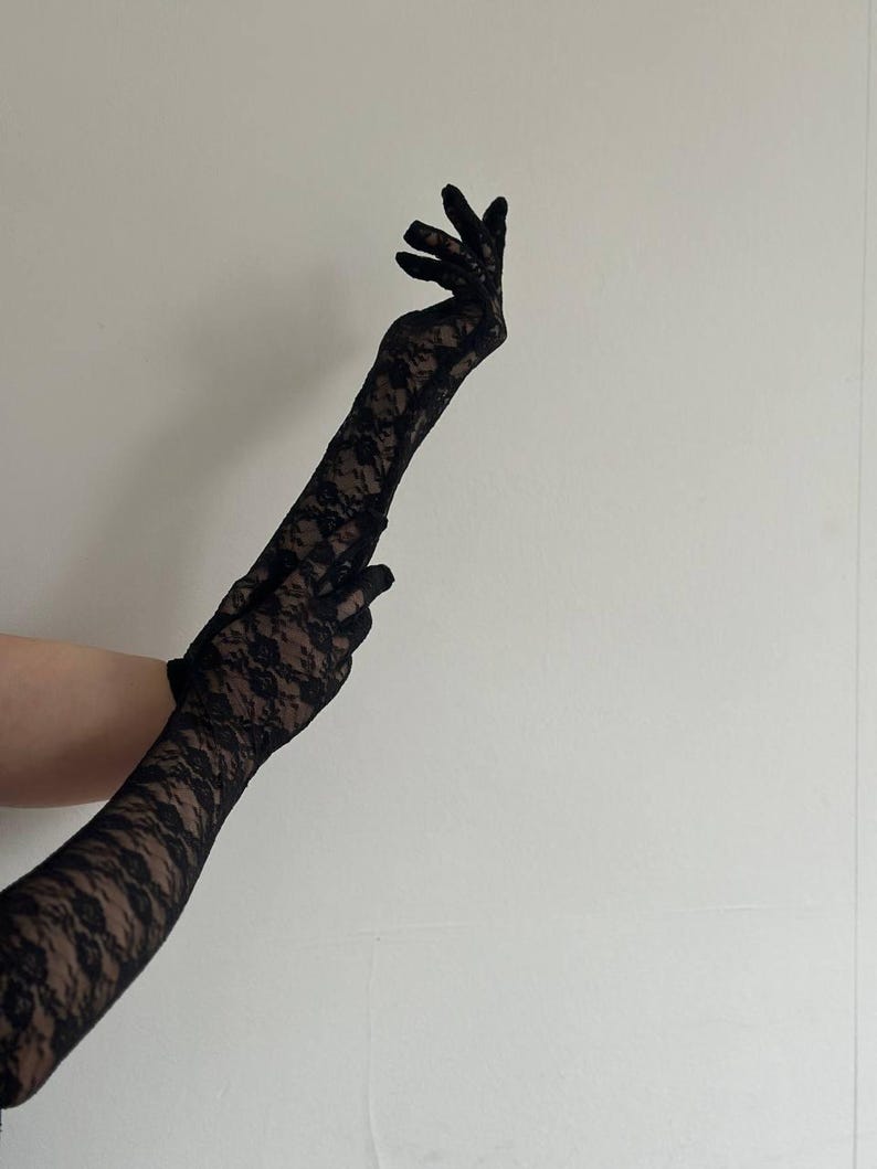 May include: Black lace gloves with a floral pattern. The gloves are long, extending up the arm. The intricate lace design is visible against a neutral background. The gloves are a fashion accessory.