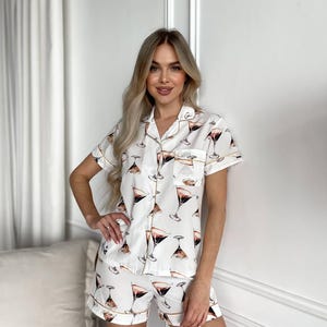 Women Cocktail Pajama Set Soft Pink Sleepwear Button Up Shirt and Shorts Cozy Lounge Set Cute Homewear for Women