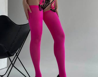 Hot Pink Thigh High Stockings, Bright Pink Hosiery, Stretch Over Knee Stockings, Women's Legwear, Fashion Stockings