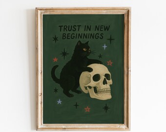 Trust in New Beginnings – Black Cat and Skull Gothic Wall Art Print