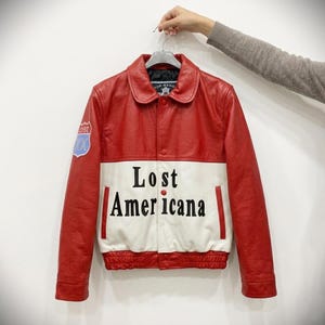 MGK Inspired Lost Americana Red Leather Bomber Jacket | Lost Americana Embroidered Patches