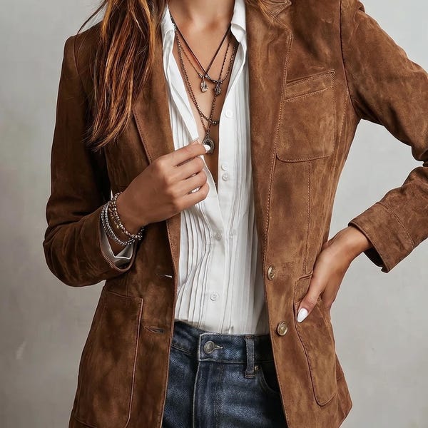 1980's Italian Women's Brown Suede Leather Blazer Jacket | Western Boho Coat | Cognac Lambskin Jacket | Vintage Rustic Chic Outerwear