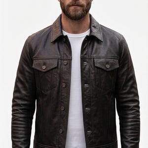Svart herrjacka i fårskinnsläder | Äkta handsydd bikermodell