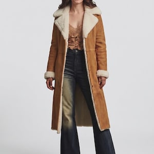 Women’s Shearling Trench Coat, Handmade Brown Suede Jacket Classic Retro Style