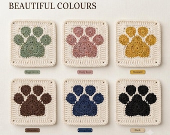 May include: Six square crochet coasters with cream borders, each featuring a central paw print motif in sage green, dusty rose, mustard, chocolate, navy blue, or black. The text AVAILABLE IN BEAUTIFUL COLOURS appears at the top with color labels.
