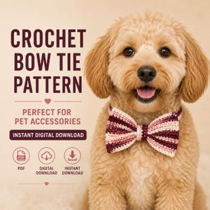 Può includere: Un cane marrone chiaro indossa un papillon all'uncinetto a righe nei toni del rosso scuro, rosa e crema. Il testo recita CROCHET BOW TIE PATTERN, PERFECT FOR PET ACCESSORIES, INSTANT DIGITAL DOWNLOAD, PDF, DIGITAL DOWNLOAD e INSTANT DOWNLOAD.