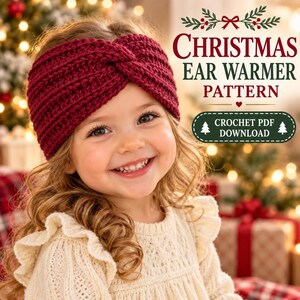 May include: A deep red, textured, twisted crochet ear warmer. The text on the image reads: CHRISTMAS EAR WARMER PATTERN, CROCHET PDF DOWNLOAD. The ear warmer features a ribbed knit design with a central knot detail, providing full coverage.