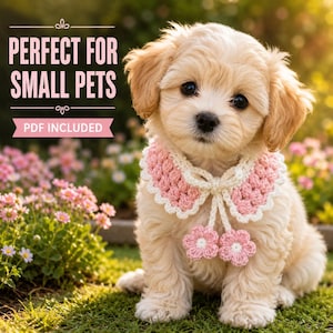 Può includere: Un cucciolo di colore chiaro indossa un colletto all'uncinetto fatto a mano con un motivo smerlato rosa e bianco e due ciondoli a forma di fiore. L'immagine include il testo PERFECT FOR SMALL PETS e PDF INCLUDED.