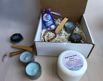 High Vibe Yogi Gift Box with Handmade gifts for Healing and Self-Care. For Boho, Yogi, Quarantine, Spiritual Healing, Unisex, Non Binary.