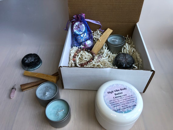 High Vibe Yogi Gift Box with Handmade gifts for Healing and Self-Care. For Boho, Yogi, Quarantine, Spiritual Healing, Unisex, Non Binary.