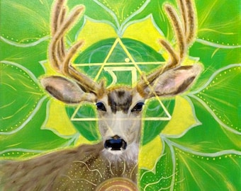 May include: A painting of a deer with antlers, set against a green and yellow background. The deer's head is in the center of the image, and its antlers are spread wide. The background is a swirling pattern of green and yellow leaves. The deer's eyes are closed, and its mouth is slightly open. The painting is a representation of the heart chakra, which is associated with love, compassion, and forgiveness.