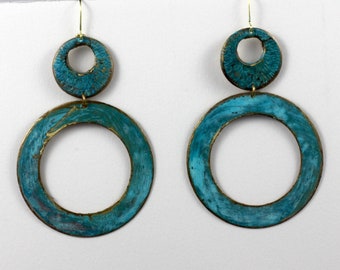 Hand-made Double-Ring Bronze Patina Earrings. Great Xmas gift!