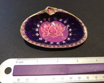 Yoga-inspired Hand painted shell. Lotus flower. Ring dish, , trinket dish, crystals, incense, holiday gift, decor