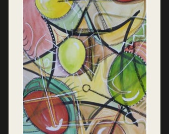 May include: Abstract watercolor painting with a star shape in the center. The painting features a variety of colors, including red, yellow, green, and brown. The star is surrounded by circles and lines.