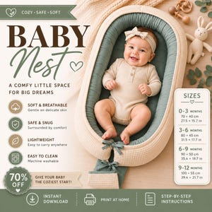 Könnte beinhalten: Ein ovales Babynest mit einer strukturierten cremefarbenen Außenseite und einer salbeigrünen Innenseite. Das Produkt enthält Text wie BABY NEST, A COMFY LITTLE SPACE FOR BIG DREAMS und eine Größentabelle mit Maßen von 70 x 40 cm bis 100 x 55 cm.