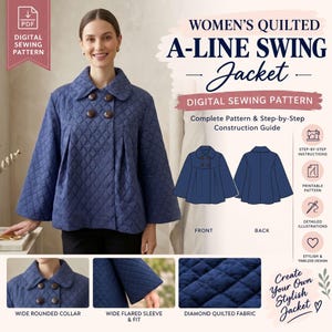 May include: A digital sewing pattern for a quilted A-line swing jacket. The jacket is blue with a diamond-quilted texture, a wide rounded collar, and four dark buttons. Includes front and back views, step-by-step instructions, and illustrations.