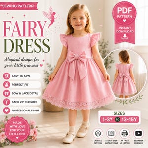 Pode incluir: Um vestido rosa sem mangas com mangas de folhos, um laço grande na cintura e uma bainha de renda. A imagem contém texto: SEWING PATTERN FAIRY DRESS, PDF PATTERN INSTANT DOWNLOAD, SIZES 1-3Y TO 13-15Y, EASY TO SEW, PERFECT FIT, BOW & LACE DETAIL, BACK ZIP CLOSURE, PROFESSIONAL FINISH, MADE WITH LOVE FOR YOUR LITTLE ONE, LAYERED PATTERN, STEP BY STEP INSTRUCTIONS, A4 / A0 / US LETTER, BEGINNER FRIENDLY.