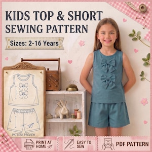 Pode incluir: Um molde de costura digital para um conjunto de top e calções para crianças, tamanhos 2-16 anos. A imagem exibe o texto 'KIDS TOP & SHORT SEWING PATTERN' e um desenho técnico de um top sem mangas com dois laços e calções a condizer.
