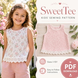 May include: A digital sewing pattern titled SweetTee for a sleeveless top with a floral print and white eyelet lace trim. The pattern includes instructions for sizes 1-15Y and is available as a PDF download for home printing and assembly.