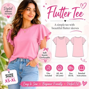 May include: A pink short-sleeved tee with flutter sleeves, shown on a person wearing blue jeans. The graphic includes text reading Flutter Tee, A simple tee with beautiful flutter sleeves, Digital Sewing Pattern, Size XS-XL, and icons for PDF files.