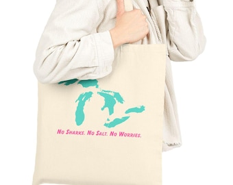 Lakes Map Tote Bag | Turquoise Silhouette, Coral Text, Lakeside Mood
