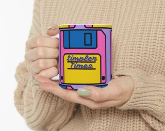 Retro Floppy Disk Ceramic Mug | Pink Blue Yellow 11oz