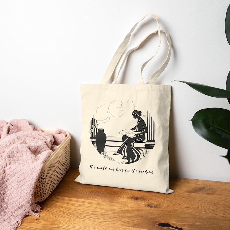 Vintage Reading Woman Tote Bag | Literary Illustration, Book Lover image 1