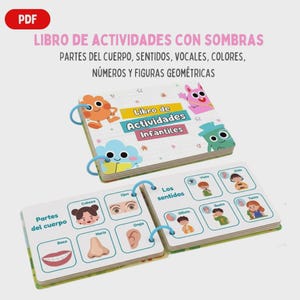 Puede incluir: Un libro de actividades digital en formato PDF con ilustraciones coloridas de personajes, partes del cuerpo y sentidos. La portada dice "Libro de Actividades Infantiles" y las páginas incluyen secciones etiquetadas como "Partes del cuerpo" y "Los sentidos" con varios iconos.