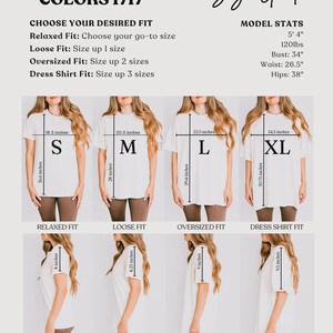 May include: Size guide for Comfort Colors 1717 t-shirts. The image shows a model wearing white t-shirts in sizes S, M, L, and XL, with measurements in inches. The guide includes model stats and fit descriptions: Relaxed, Loose, Oversized, and Dress Shirt.