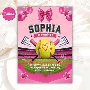Softball Birthday Invitation Template, Pink Softball Birthday Invite, Girl Sports Birthday Invite, Softball Bow Invite, Canva Template